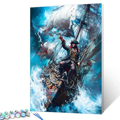 Malen nach Zahlen für Erwachsene, Anfänger, Piratenschiff, Ölgemälde-Set auf Leinwand, mit Pinseln und Acrylmalerei, Basteln, Wanddekoration, 40,6 x 50,8 cm (rahmenlos) von Aihonmin