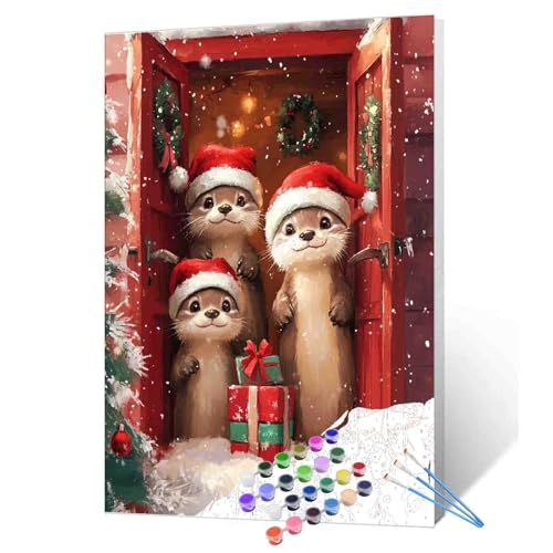 Malen nach Zahlen für Erwachsene, Motiv: Drei Otter in Weihnachtsmannmützen, digitales Ölgemälde auf Leinwand, Acrylfarbe, DIY-Acrylmalerei, Heimdekoration, Geschenke, 40,6 x 50,8 cm (rahmenlos) von Aihonmin