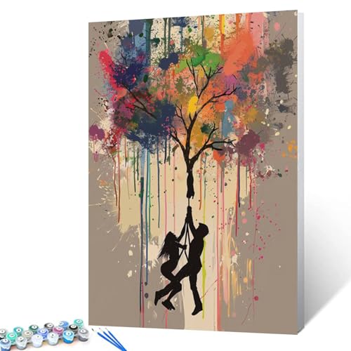 Malen nach Zahlen für Erwachsene Anfänger & Kinder DIY Banksy Graffiti Stil Leinwand Wandkunst Farbige Wand Mensch Schatten Ölgemälde Kit auf Leinwand mit Pinsel und Acryl-Pigment-Kunstwerk von Aihonmin