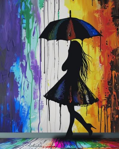 Malen nach Zahlen für Erwachsene Banksy Straßenzeichnung Stil DIY Kunstwerk Regenbogen Regen Mädchen mit Regenschirm Malset für Kinder Erwachsene Anfänger Leinwand Acryl Ölgemälde Kit von Aihonmin