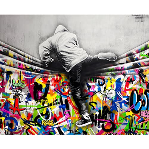 Malen nach Zahlen für Erwachsene DIY Banksy Graffiti Stil Wandkunst Teenager Stepping Over Colorful Curtain Oil Painting Kit for Kids Beginner Acrylic Painted Home Living Room Decor(Frameless) von Aihonmin