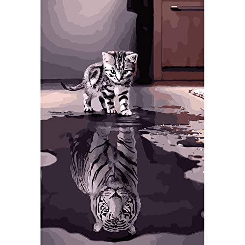 Malen nach Zahlen für Erwachsene Tierreflektion schwarz-weißes Kätzchen oder Tiger Leinwand Ölgemälde Acryl-Aquarellfarben-Set für Anfänger Kinder Zuhause Schlafzimmer Wandkunst Dekoration von Aihonmin