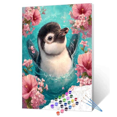 Malen nach Zahlen mit süßem Pinguin, für Erwachsene, Anfänger und Kinder, Tier-Rosafarbene Blumen, Malen nach Zahlen, Kit auf Leinwand, Bilder für Zuhause, Wanddekoration, Zeichnungen, Geschenke, 40,6 Malen nach Zahlen mit süßem Pinguin, für Erwachsene, Anfänger und Kinder, Tier-Rosafarbene Blumen, Malen nach Zahlen, Kit auf Leinwand, Bilder für Zuhause, Wanddekoration, Zeichnungen, Geschenke, 40,6 von Aihonmin