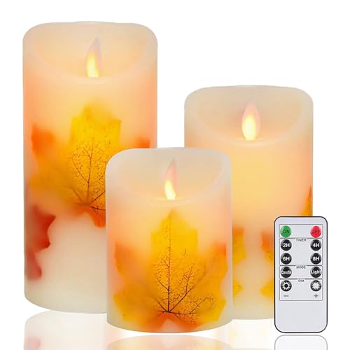 AiiBowy LED Kerzen, Ahornblatt Kerzen [3er Set] LED Echtwachskerzen Kerzen, LED Kerzen Flammenloses mit Fernbedienung&Timer Funktion für Wohnzimmer, Halloween, Weihnachten, Hochzeit Party(Ahornblatt) von AiiBowy