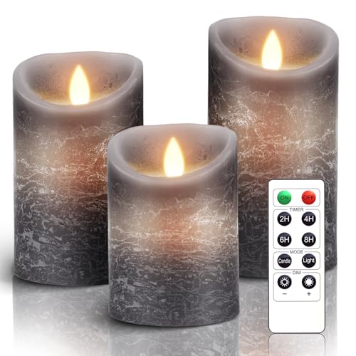 AiiBowy Led Kerzen [3er Set] Flammenlose Kerze Echtwachs Flackernde Dimmbar mit Batterie Fernbedienung Weihnachtskerzen LED Flammen 4"/5"/6” Tischdeko, Wohnzimmer, Weihnachten, Hochzeit, Party （Grau） von AiiBowy