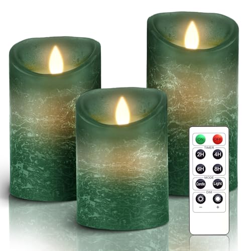 AiiBowy Led Kerzen [3er Set] Flammenlose Kerze Echtwachs Flackernde Dimmbar mit Fernbedienung Weihnachtskerzen LED Flammen 4"/5"/6” Tischdeko, Wohnzimmer, Weihnachten, Hochzeit, Party (Grün) von AiiBowy