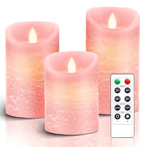 AiiBowy Led Kerzen [3er Set] Flammenlose Kerze Echtwachs Flackernde Dimmbar mit Fernbedienung Weihnachtskerzen LED Flammen 4"/5"/6” Tischdeko, Wohnzimmer, Weihnachten, Hochzeit, Party (Rosa) von AiiBowy