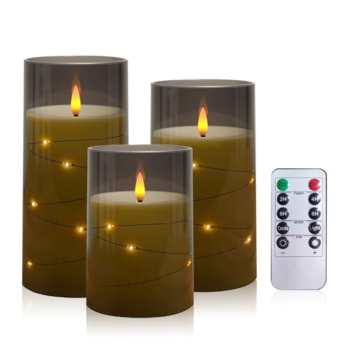 AiiBowy Led Kerzen [3er Set ] Flammenlose Kerze mit eingebetteten LED Lichterketten, 24 Stunden Timer Funktion mit Fernbedienung, Tanzende Flamme, Batteriebetrieben, Weihnachten, Party (Grau) von AiiBowy