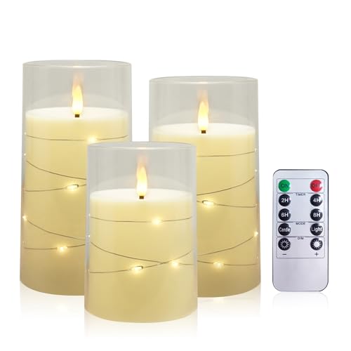 AiiBowy Led Kerzen [3er Set ] Flammenlose Kerze mit eingebetteten LED Lichterketten, 24 Stunden Timer Funktion mit Fernbedienung, Tanzende Flamme, Batteriebetrieben, Weihnachten, Party (Transparent) von AiiBowy