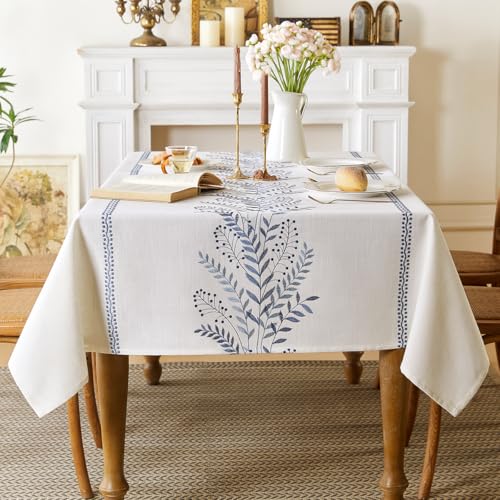 Aiimart Bestickte Tischdecke im Leinen-Stil, wasserdicht und knitterfrei, rechteckige Tische, Bauernhaus-Blumenmuster, rechteckige Tischdecke für Esszimmer und Partys im Freien (Blau, 140 x 180 cm) von Aiimart