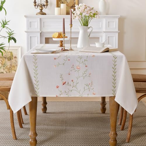 Aiimart Bestickte Tischdecke im Leinen-Stil, wasserdicht und knitterfrei, rechteckige Tische, Bauernhaus-Blumenmuster, rechteckige Tischdecke für Esszimmer und Partys im Freien (Rot, 140 x 259 cm) von Aiimart