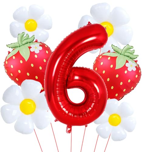 Erdbeerballons für 6 Geburtstag Dekorationen für Mädchen 40 Zoll Rot Zahl 6 Ballon Rot Folienballon für Erdbeerthema Geburtstag Party Dekorationen von Aikitub