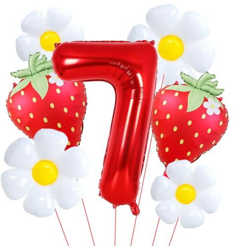 Erdbeerballons für 7. Geburtstag, Dekorationen für Mädchen, roter Geburtstagsballon Zahl 7, roter Folienballon für Erdbeer-Themen-Geburtstagsparty-Dekorationen, Zubehör von Aikitub