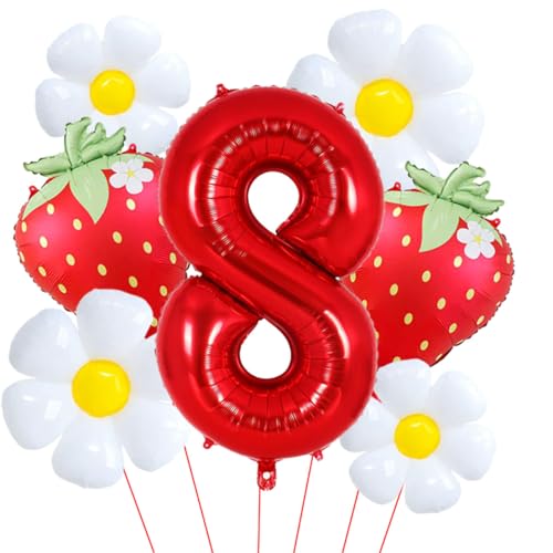 Erdbeerballons für 8. Geburtstag, Dekorationen für Mädchen, roter Geburtstagsballon Zahl 8, roter Folienballon für Erdbeer-Themen-Geburtstagsparty-Dekorationen, Zubehör von Aikitub