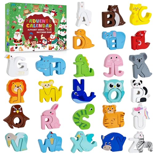 Adventskalender 2025 Kinder,Holz Alphabet Tier Puzzles für Kleinkinder,52 Stück ABC Animal Letter Matching Spiel,24-Tage Weihnachts Countdown mit Holz-Tierpuzzles und Lernspielzeug für Jungen,Mädchen von Aikunlnb