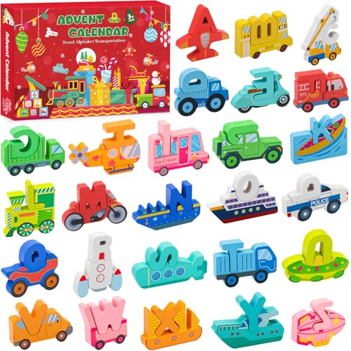 Adventskalender 2025 Kinder,Holz Alphabet Transport Puzzles für Kleinkinder,52 ABC Letter Matching Spiel,24-Tage Weihnachts Countdown mit Holz-Verkehrsmitteln puzzles Lernspielzeug für Jungen,Mädchen Adventskalender 2025 Kinder,Holz Alphabet Transport Puzzles für Kleinkinder,52 ABC Letter Matching Spiel,24-Tage Weihnachts Countdown mit Holz-Verkehrsmitteln puzzles Lernspielzeug für Jungen,Mädchen von Aikunlnb