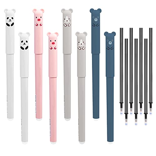 Ailvor Radierbarer Kugelschreiber, 8 Stück Tintenroller Radierbar mit 20 Nachfüllungen, Cartoon Löschbarer Stift, 0.35mm Erasable Pen Set für Studenten Geschenk, Schul Bürobedarf(Schwarz) von Ailvor