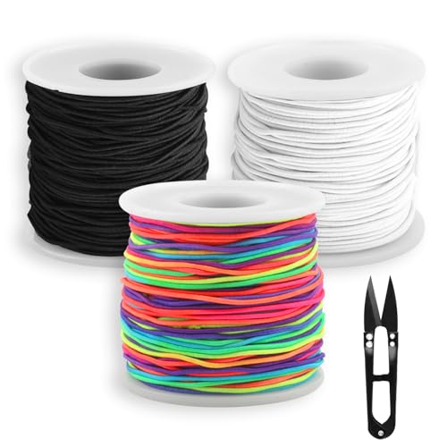 Gummiband für Armbänder, 3 Rollen Gummikordel, Gummischnur 1mm x 150 m, Perlenschnur mit Schere, Elastische Faden für DIY Schmuckherstellung Bastelarbeiten (Schwarz, Weiß, Regenbogen) von Ailvor