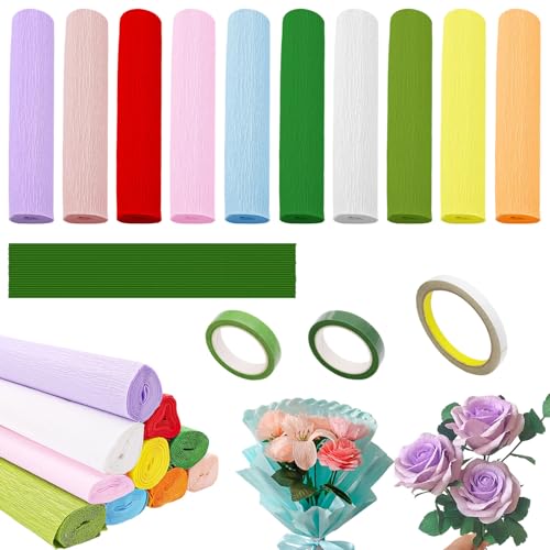 AIMEKE 10 Rollen Krepppapier Bunt 25 × 250 cm Crepe Papier Floristen Krepppapier 10 Farben Krepppapier Rollen mit Blumendraht, Floristenband und Doppelseitiges für DIY Blumenpapier-Handwerk AIMEKE 10 Rollen Krepppapier Bunt 25 × 250 cm Crepe Papier Floristen Krepppapier 10 Farben Krepppapier Rollen mit Blumendraht, Floristenband und Doppelseitiges für DIY Blumenpapier-Handwerk von Aimeke