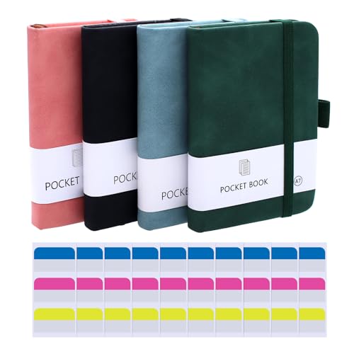 Aimeke 4 Stück Notizbuch Klein A7, Mini Notizbuch A7 Notizblock Klein mit 30 Stk Haftstreifen, 200 Seiten, Taschen Journal mit Stifthalter, Gummizugverschluss für Schule, Arbeit - 4 Farben von Aimeke