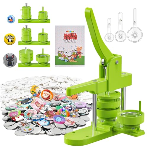 Aiment Knopfmacher, mehrere Größen, 600 Stück, Foto-Pin-Abzeichen-Maker 1 + 3,25 + 5,7 cm für Kinder, Knopfdruckmaschine mit 600 Sets Knopfherstellungszubehör & Schneider & Zauberbuch (grün, 25/32/58 von Aiment
