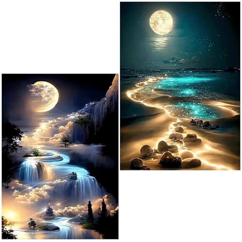 Aimorty 2 Stück Diamond Painting Leuchtend,Diamant Malerei Kits für Erwachsene Anfänger, 5D Seaside Mond Diamant Painting Erwachsene Kinder, Diamanten Painting Zubehör für für Home Decor 30 * 40cm von Aimorty