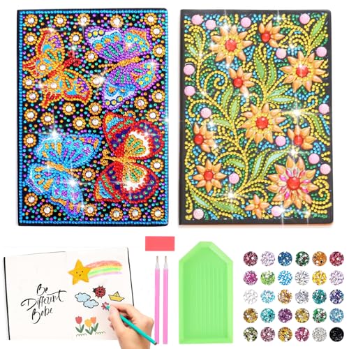 Aimorty DIY Bastelset Diamond Painting Notizbuch 2 Stück A5 5D, Blanko Tagebuch für Mädchen, Hochwertige Papierqualität, Blumenmotiv, Handgemachtes Geschenk, Ideal für Geburtstag Weihnachten Ostern von Aimorty
