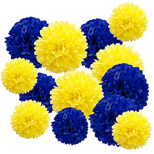 Blaue und gelbe Seidenpapier-Pompons, Dekorationen, 30,5 cm, 25,4 cm, Papierblumen für Party, Decke, hängende Dekoration – 12 Stück von Aimto