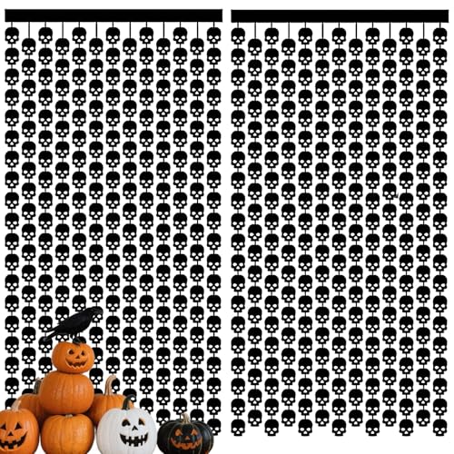 AimtoHome Gothic-Party-Dekorationen – 2 Packungen schwarze Totenkopf-Folien-Fransen-Luftschlangen für Geburtstag, Brautparty, Verlobung, Hochzeit, Wand, Junggesellinnenabschied, Kokette von AimtoHome