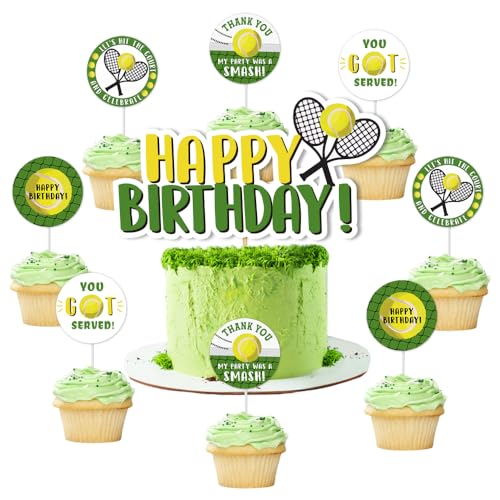 Tennis Themen Kuchendekoration, 13 Stück Tennis-Kuchenaufsatz, Cupcake Topper, grün gelber Tennisschläger Kuchenaufsatz für Tennis Sport Motto Babyparty Geburtstagsparty Zubehör von Ain't Nothing But a Gangsta Party