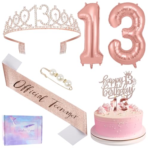 Ainiv 13. Geburtstag Mädchen Deko, Happy 13th Birthday Kuchenaufsatz, 13. Geburtstag Schärpe und Tiara, Zahlenkerzen und Luftballons Set für Mädchen, Geburtstagsgeschenke, Partydekorationen von Ainiv