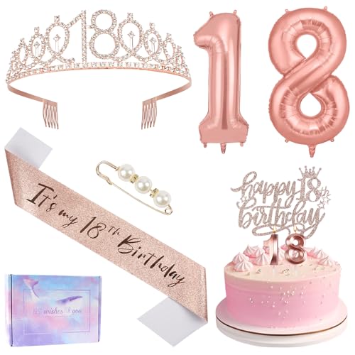 Ainiv 18. Geburtstag Mädchen Deko, Happy 18th Birthday Kuchenaufsatz, 18. Geburtstag Schärpe und Tiara, Zahlenkerzen und Luftballons Set für Mädchen, Geburtstagsgeschenke, Partydekorationen von Ainiv