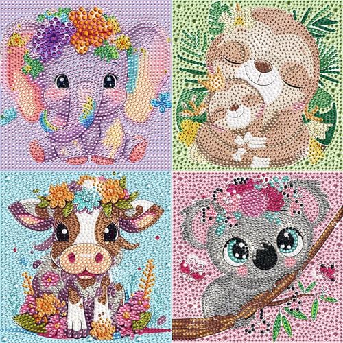 Ainiv 4er Set Diamond Painting Kinder, 5D DIY Set, Full Diamant Bilder Tiere, Malen Nach Zahlen, Mädchen Tiere für Home Wand Decor-A von Ainiv