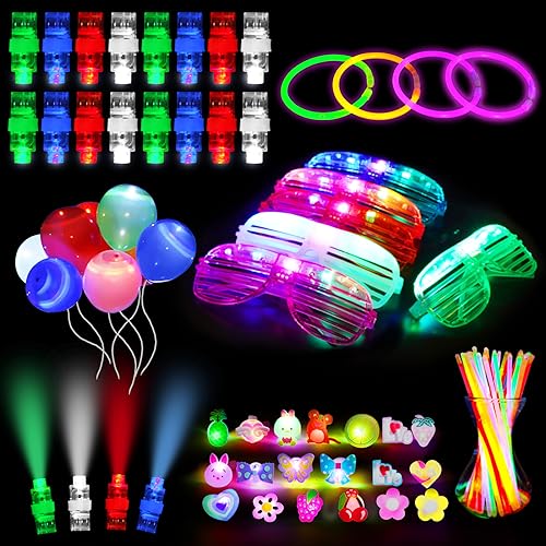 Ainiv 92 Stück Knicklichter Party Set, mit Ballons, Neon Brille, LED Blinkende Ringe, Glow Sticks für Neon Party Deko, Hochzeit, Kindergeburtstag, Halloween, Weihnachtsdeko, Silvester, Feuerwerk von Ainiv