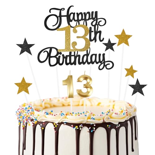 Ainiv Geburtstagskerzen Zahlen 13, Tortendeko zum 13. Geburtstag, 13. Geburtstag Kuchendeko für Jungen Mädchen, Schwarzes Gold Stern-Herz-Tortenaufsatz für Party, Cupcakes, Desserts und Gebäck von Ainiv