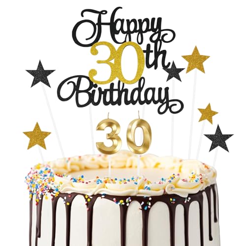 Ainiv Geburtstagskerzen Zahlen 30, Tortendeko zum 30. Geburtstag, 30. Geburtstag Kuchendeko für Frauen und Männer, Schwarzes Gold Stern-Herz-Tortenaufsatz für Party, Cupcakes, Desserts und Gebäck von Ainiv