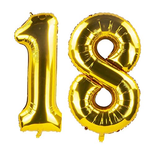 Ainmto 40 Zoll 18 Jahre Geburtstag Luftballon Golden, Folienluftballon Zahl 18, Große Helium Zahlenballon für 18.Geburtstag und 18.Jahrestag von Ainmto