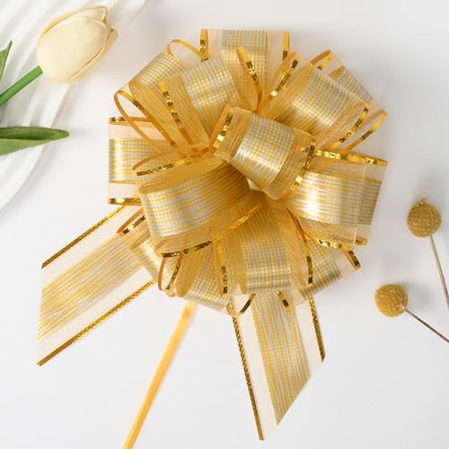 Ainmto 10 Stück Geschenkschleife Groß(16cm),Geschenkbänder Ziehschleife Gold,Dekoschleife für Geschenkverpackung Auto Deko von Ainmto