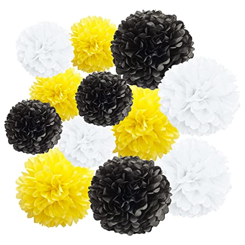 Ainmto 12 Stück Seidenpapier Pompons gelb weiß und schwarz,Party Pompons Deko für Geburtstag, Hochzeit von Ainmto