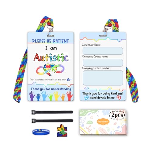Ainrvteers Autismus-Sicherheitskarten-Set mit individuellem Umhängeband, 2 beschreibbare autistische Notfall-Kontaktkarten für autistische Personen (bunt) von Ainrvteers