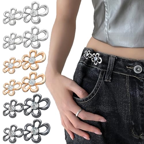 6 Sets unregelmäßige Blumen-Jeans, Knopf, Hosen-Taillenspanner, verstellbare Taillenschnalle, Sets ohne Nähen und ohne Werkzeug, abnehmbare dekorative Taillenschnallen, Jeansknöpfe für lose Jeans von Ainvhh