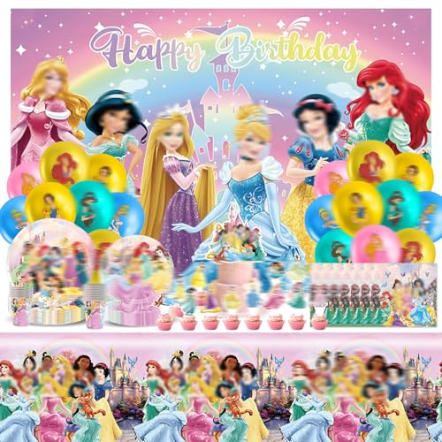 137-teiliges Prinzessinnen-Geburtstagsdekoration, Prinzessinnen-Party-Dekorationen, Geburtstagsparty-Zubehör-Set mit Hintergrund, Luftballons, Teller, Tassen-Set, Servietten, Tischdecken von Ainvliya