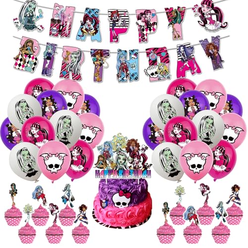 34 Stück Monster H Geburtstagsdekorationen, Monster-Party-Dekorationen mit Banner, Monster-Luftballons, Kuchendekoration, Cupcake-Topper, Monster-Mädchen-Themenpartyzubehör für Kinder von Ainvliya