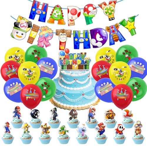 34 Stück Super Bro Geburtstagsdekorationen, Cartoon-Party-Dekorationen mit Banner, Luftballons, Kuchendekoration, Cupcake-Topper, Spielthemen-Partyzubehör für Kinder von Ainvliya