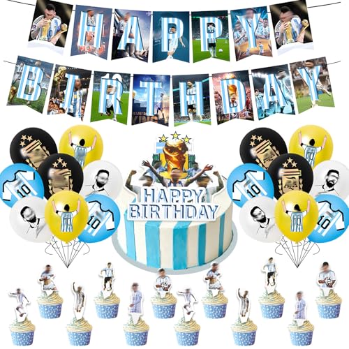 42 Stück Mesi-Geburtstagsdekorationen, Fußballstern-Geburtstagsparty-Dekorationen, Fußballstar-Partyzubehör mit 1 Geburtstagsbanner, 16 Luftballons, 25 Kuchenaufsätzen von Ainvliya