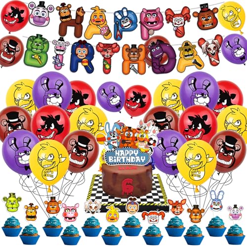 44 Stück FNAF Geburtstagsdekorationen, Fünf Nachtballons, Kuchendekoration mit Happy Birthday Banner, Party-Dekorationen für Kinder, Jungen, Mädchen 44 Stück FNAF Geburtstagsdekorationen, Fünf Nachtballons, Kuchendekoration mit Happy Birthday Banner, Party-Dekorationen für Kinder, Jungen, Mädchen von Ainvliya