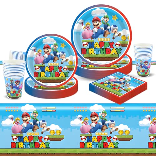 51 Stück Super Bro Partygeschirr Set, Cartoon Themenparty Geburtstagsdeko Set Kindergeburtstag Deko Party Tableware Supplies Kit mit Teller Tischdecke Servietten Tischdecke Tassen für 10 Gäste 51 Stück Super Bro Partygeschirr Set, Cartoon Themenparty Geburtstagsdeko Set Kindergeburtstag Deko Party Tableware Supplies Kit mit Teller Tischdecke Servietten Tischdecke Tassen für 10 Gäste von Ainvliya