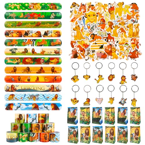 74pcs Löwen Party Mitgebsel, 50pcs König Aufkleber, 12pcs Armband, 12 Schlüsselanhänger, Mitgebsel Kindergeburtstag für Kinder Jungen Mädchen von Ainvliya