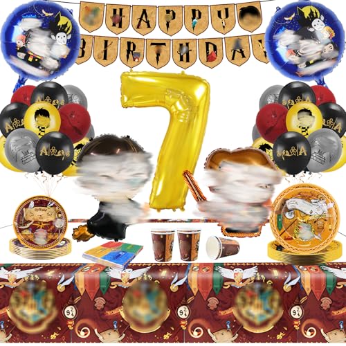 77 Stück Geburtstag Party Deko, Wizard Party deko Wizard Luftballons Tischdecken Teller Servietten Tassen Wimpel Thema Geburtstagsdeko für Jungen Mädchen(Schwarz - 7 Jahre) von Ainvliya