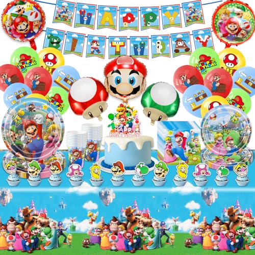 86 Stück Super Bro Geburtstagsdeko, Cartoon Partygeschirr Set Kindergeburtstag Deko Party Supplies mit Luftballons Pappteller Tasse Tischdecke Servietten, Party Dekoration für 10 Gäste von Ainvliya